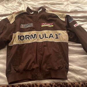 PacSun Brown and Tan Formula 1 Bomber Jacket